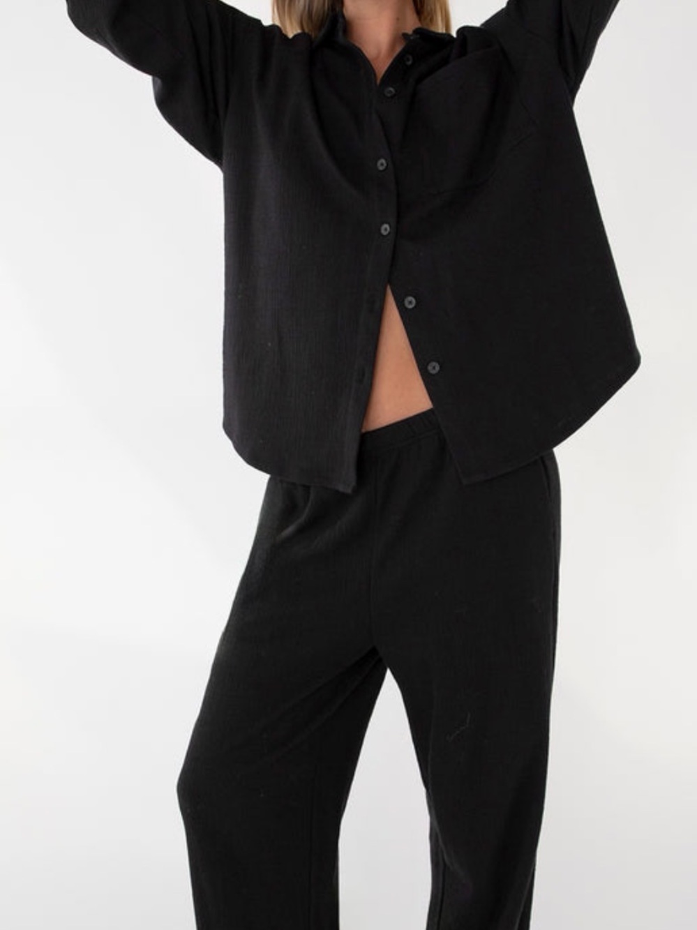 Oak & Fort Black Set - button down top elastic waist pant